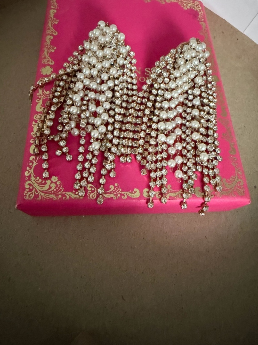 Pearl & Rhinestone Fringe Statement Earrings - Gold